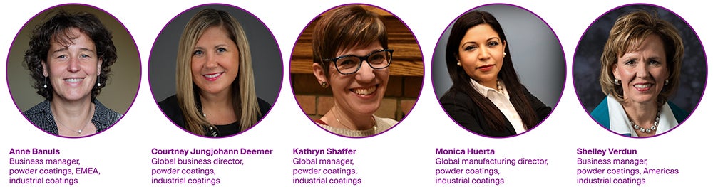 公司 从事粉末涂料行业的五位女性员工：Anne Banuls、Courtney Jungjohann Deemer、Kathryn Shaffer、Monica Huerta 和 Shelley Verdun。